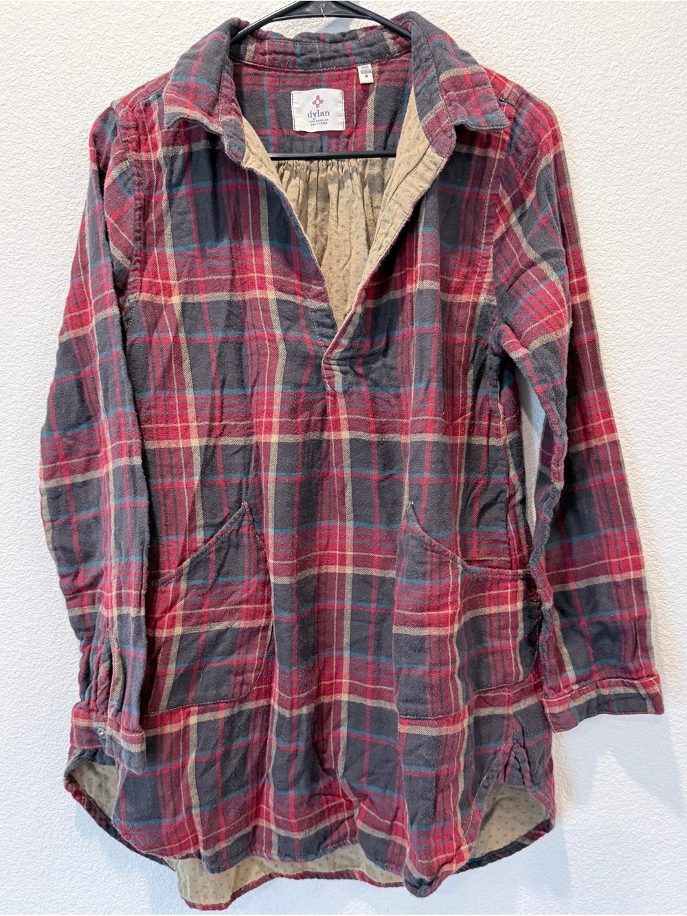 Boho Prairie Plaid Flannel Pullover Top Oversized Grunge Pocket Workwear Tunic S